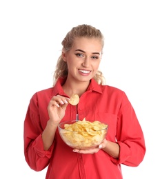 Photo of Woman with bowl of potato chips on white background