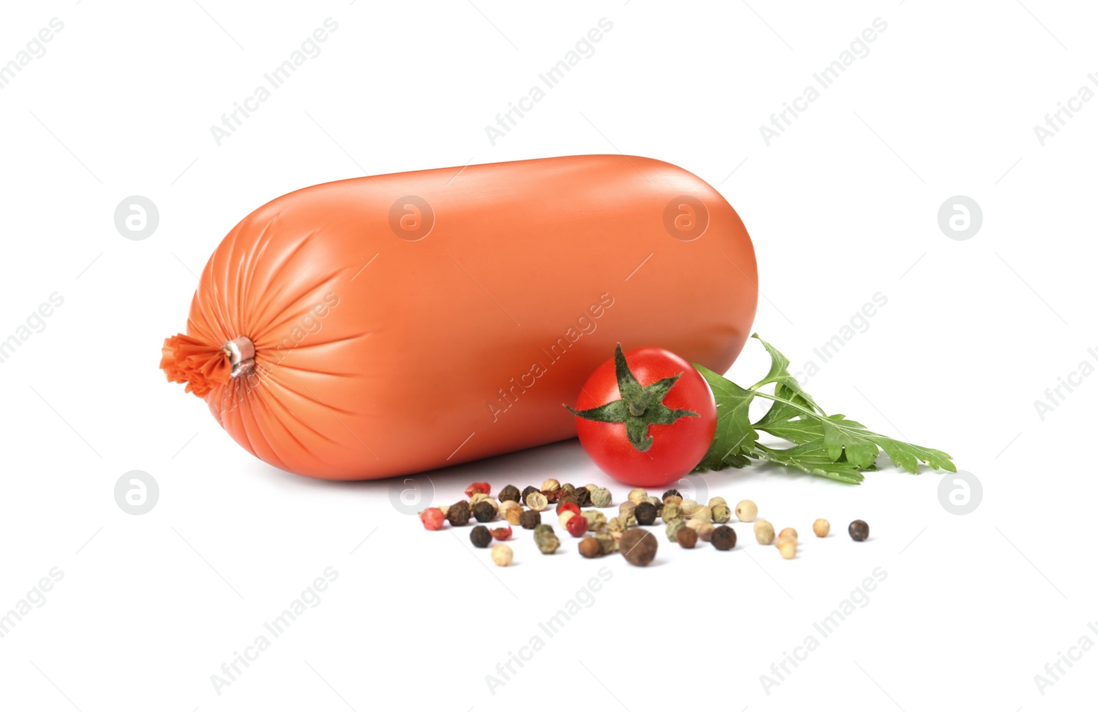 Photo of Tasty boiled sausage with tomato, parsley and peppercorns on white background