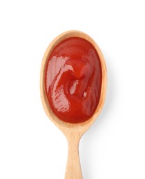 Photo of Ketchup in wooden spoon isolated on white. Top view, closeup