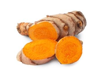 Fresh cut turmeric root isolated on white