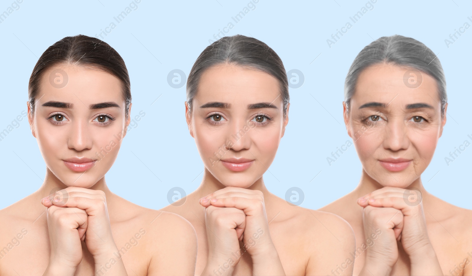 Image of Natural aging, comparison. Portraits of woman in different ages on light blue background