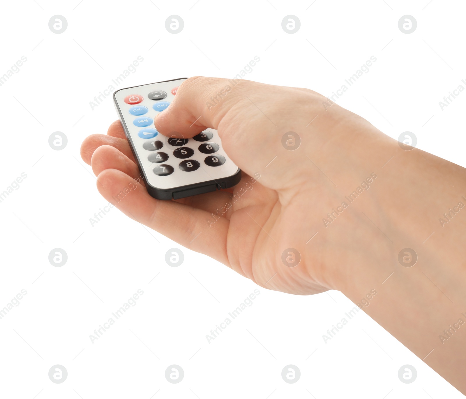 Photo of Woman holding remote control on white background, closeup