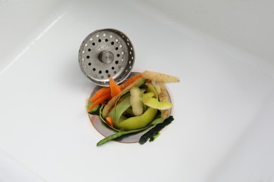 Photo of Vegetable scraps in kitchen sink with garbage disposal