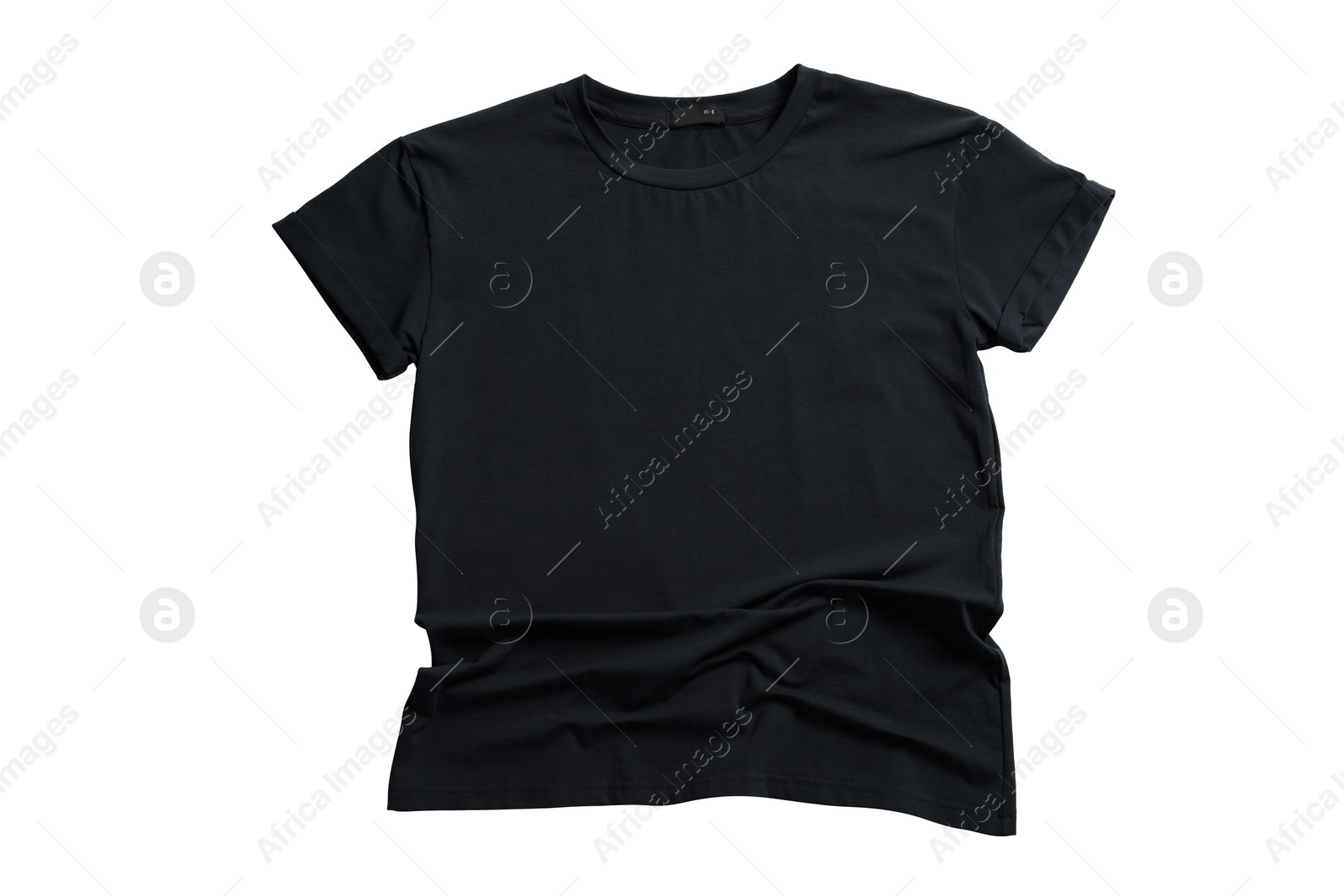 Photo of Stylish black t-shirt on white background, top view