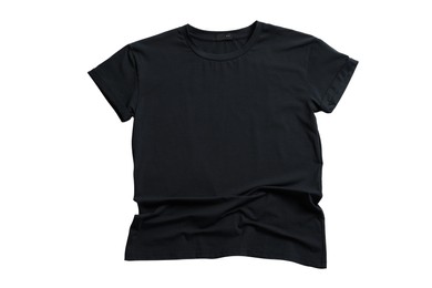 Photo of Stylish black t-shirt on white background, top view