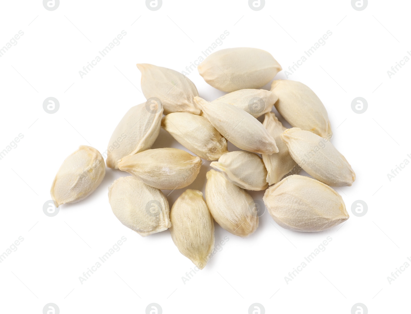 Photo of Many seeds of tangerine isolated on white, top view