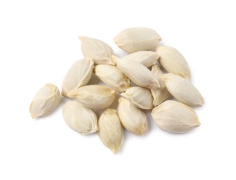 Many seeds of tangerine isolated on white, top view