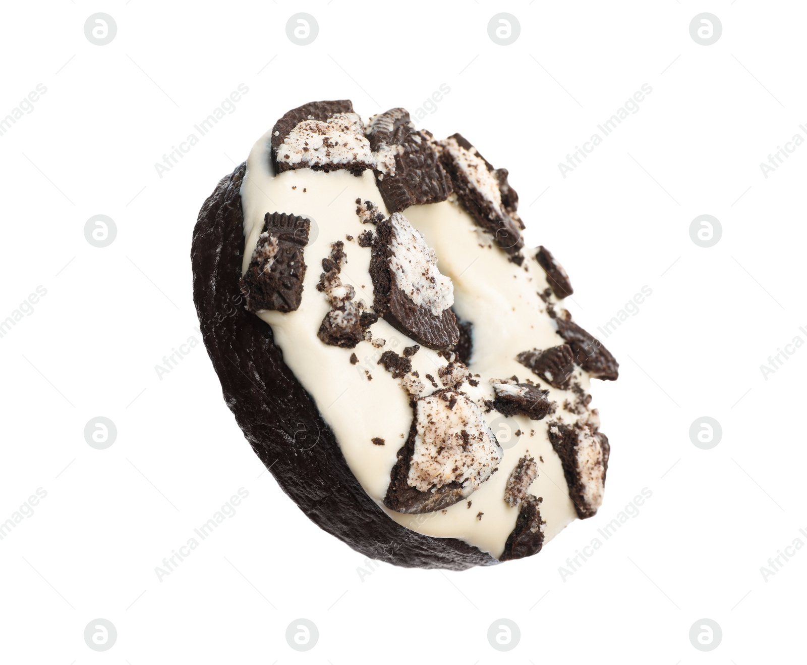 Photo of Sweet tasty glazed donut decorated with chocolate cookies isolated on white