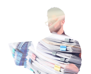Image of Multiple exposure of young man with laptop, documents and building