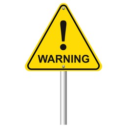 Yellow road sign with word Warning and exclamation mark on white background