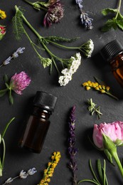 Photo of Bottles of essential oils, different herbs and flowers on black table, flat lay