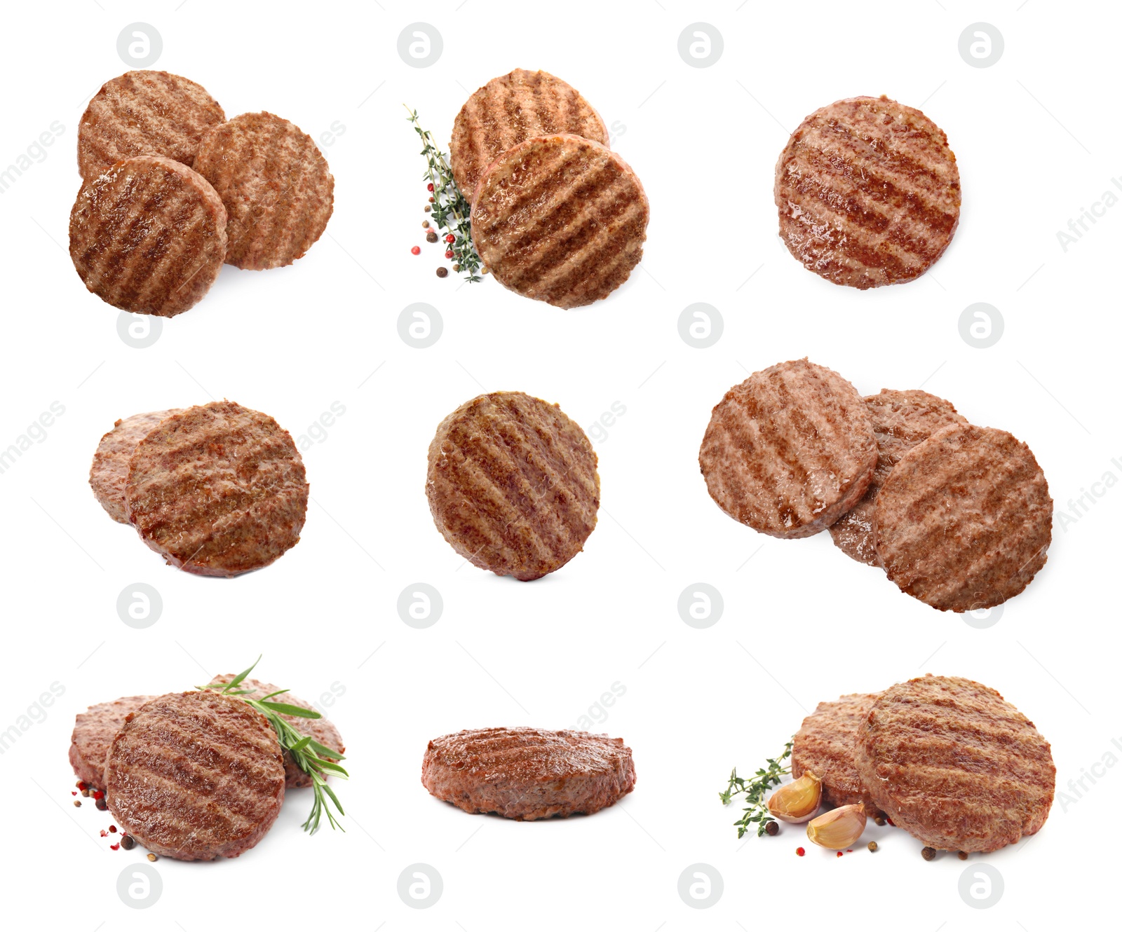 Image of Set with tasty grilled hamburger patties on white background