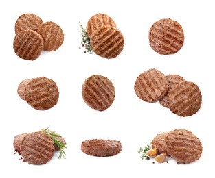 Image of Set with tasty grilled hamburger patties on white background