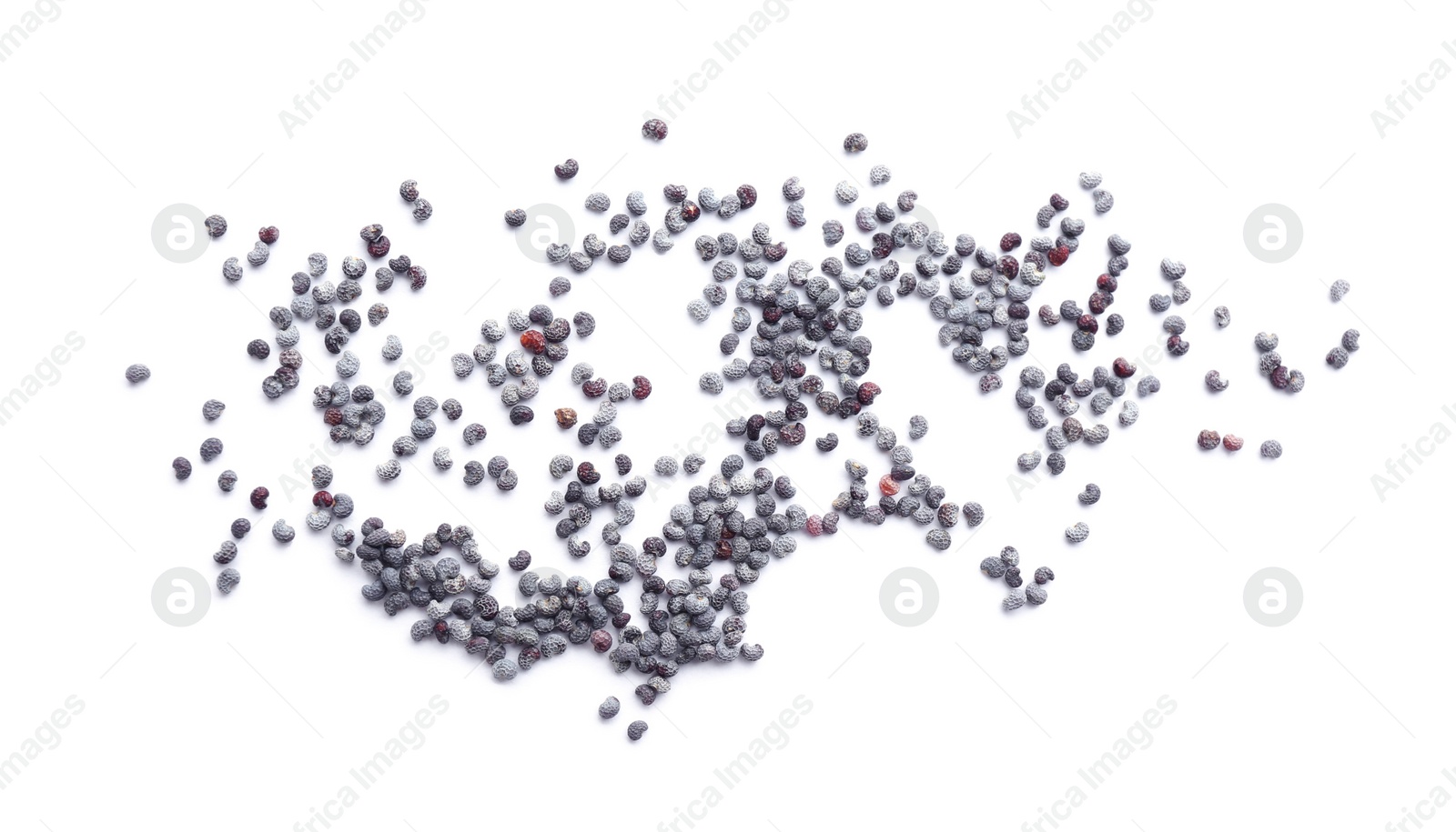 Photo of Dry poppy seeds isolated on white, top view