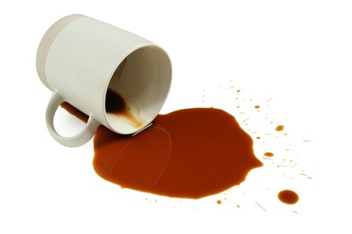 Photo of Overturned cup and spilled coffee on white background