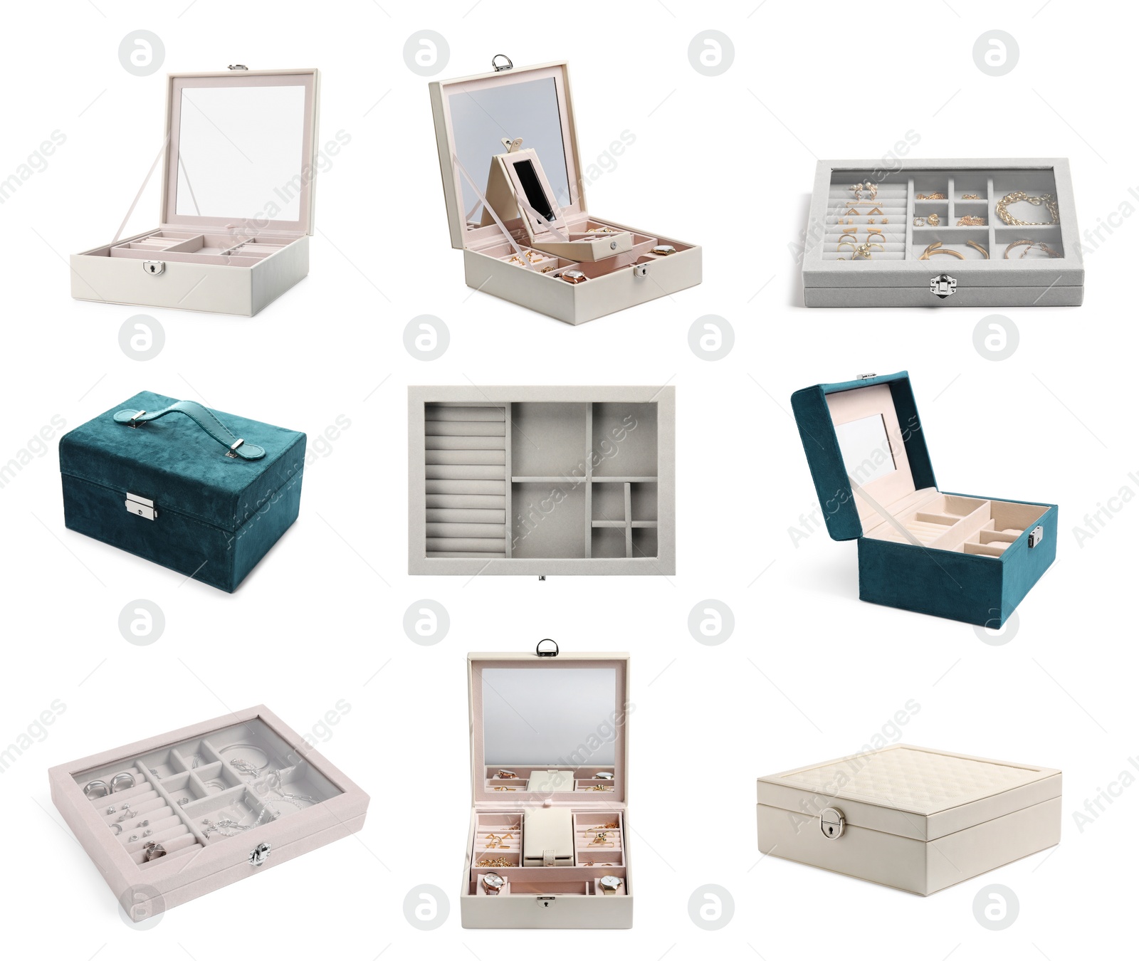 Image of Collage with different jewelry boxes isolated on white, different angles