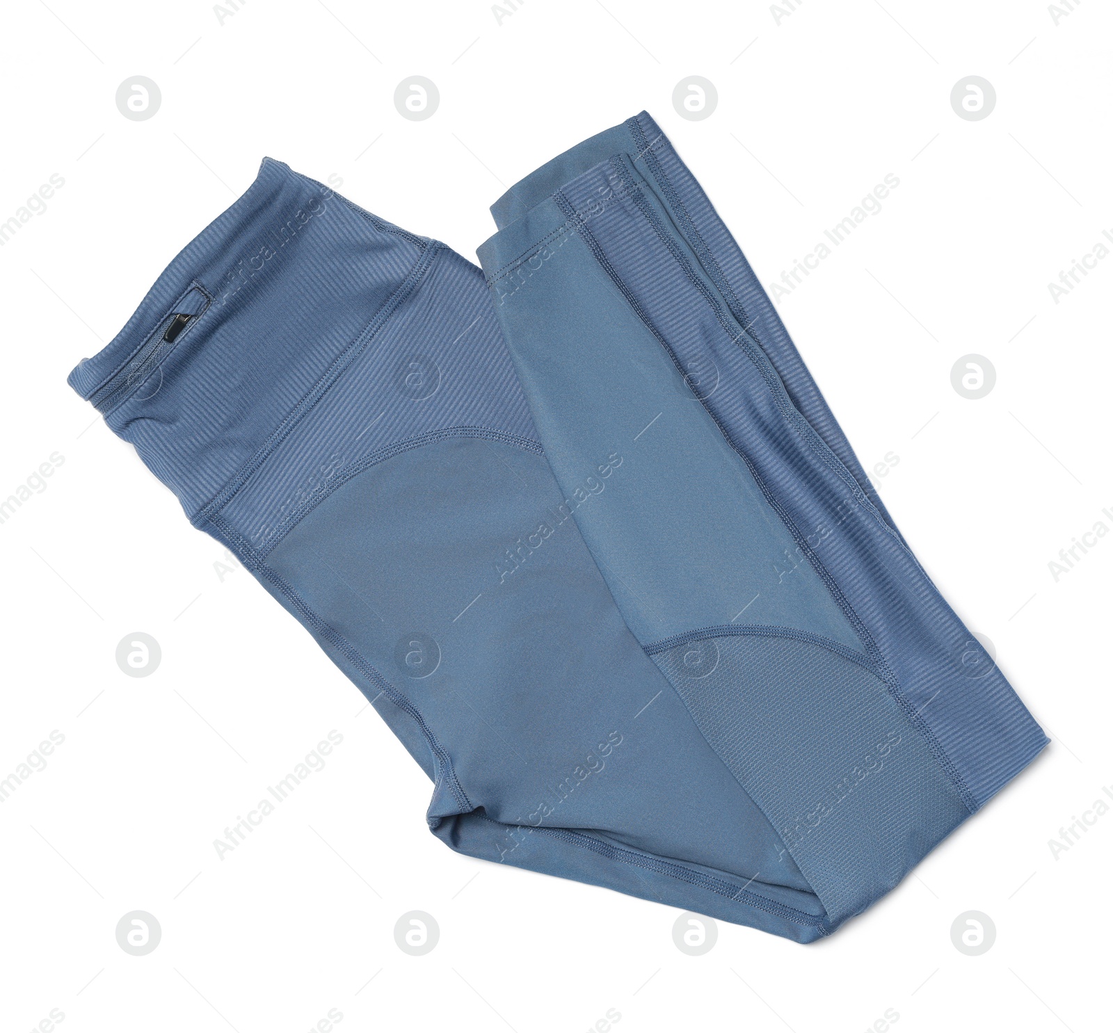 Photo of Blue sports leggings isolated on white, top view. Comfortable wear