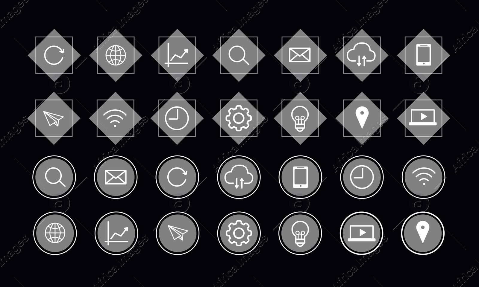 Illustration of Different digital marketing icons on black background