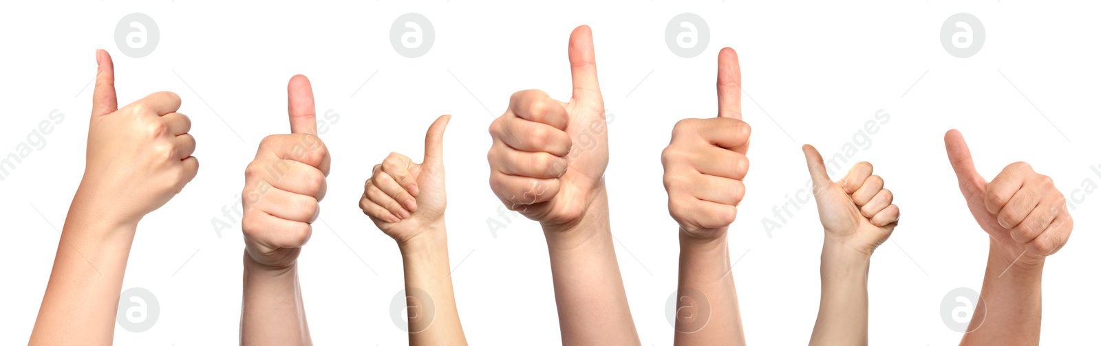 Image of Collage with photos of people showing thumbs up gestures on white background. Banner design