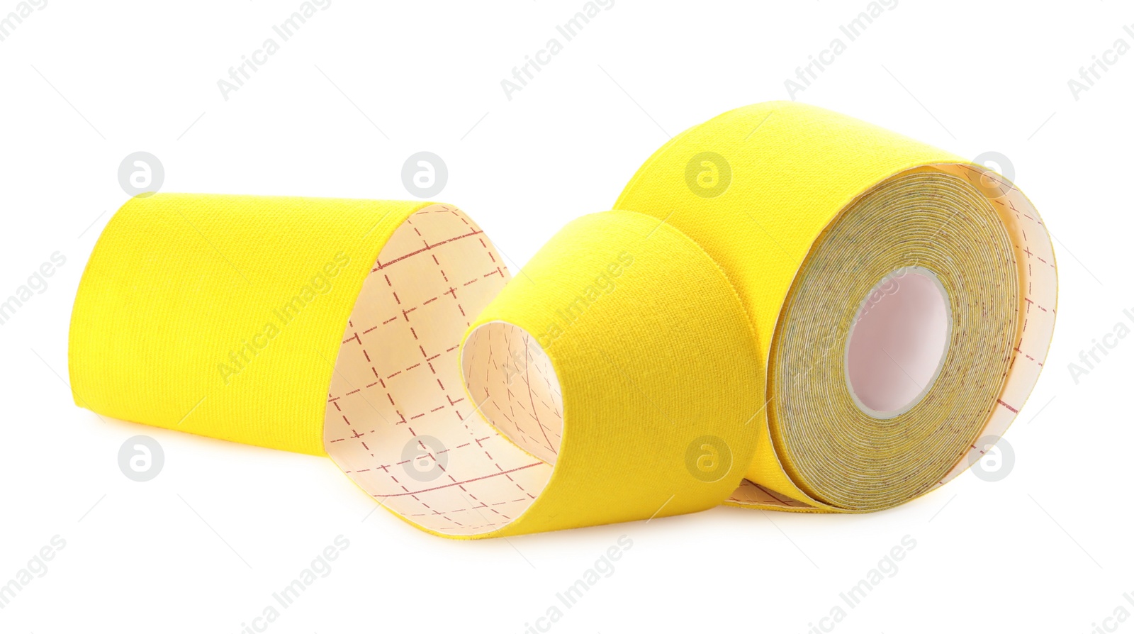 Photo of Yellow kinesio tape in roll on white background