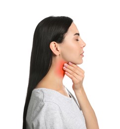 Image of Endocrine system. Young woman doing thyroid self examination on white background