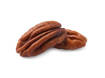 Photo of Two tasty pecan nuts isolated on white