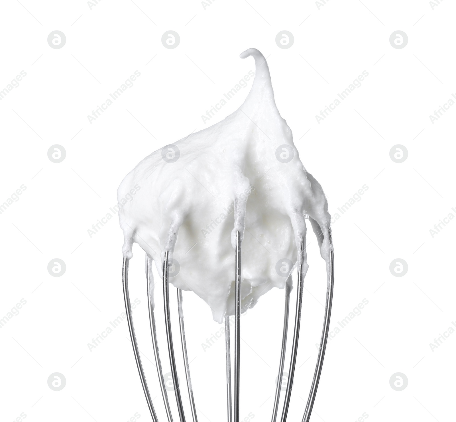 Photo of Whisk with whipped egg whites isolated on white