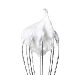 Whisk with whipped egg whites isolated on white