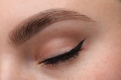 Makeup product. Woman with black eyeliner and beautiful eyebrow, closeup