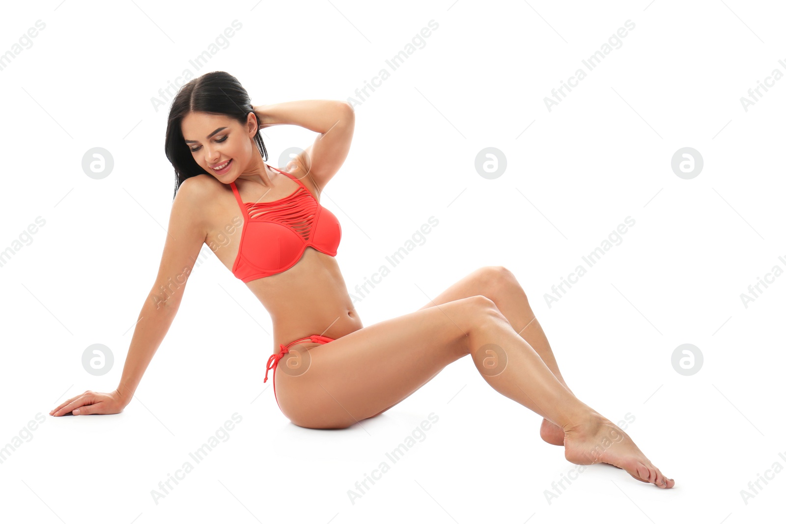 Photo of Beautiful young woman in stylish bikini on white background