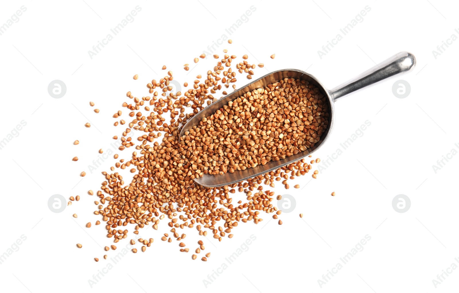 Photo of Scoop with uncooked buckwheat on white background, top view