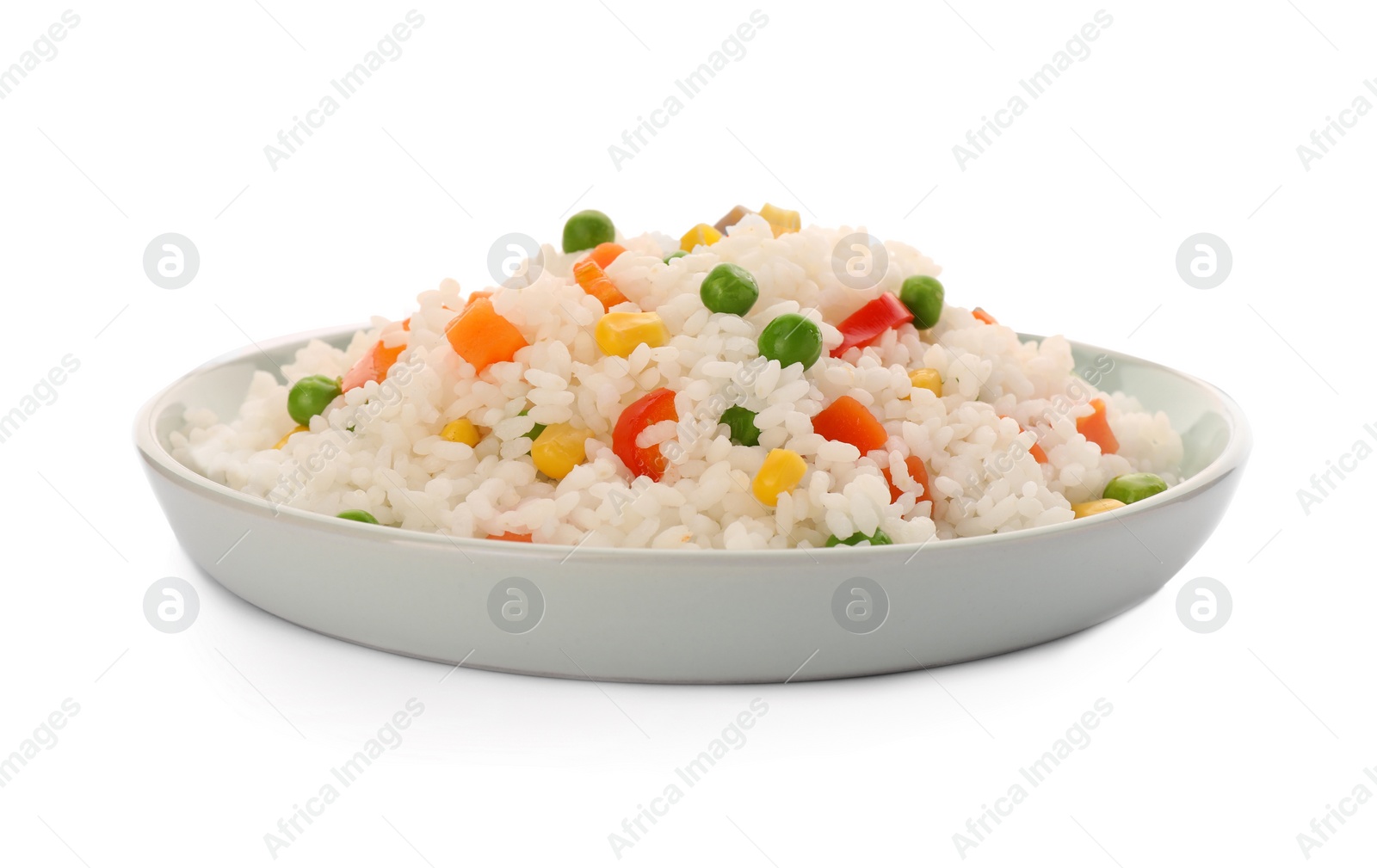 Photo of Delicious rice with vegetables isolated on white