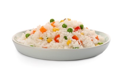 Delicious rice with vegetables isolated on white