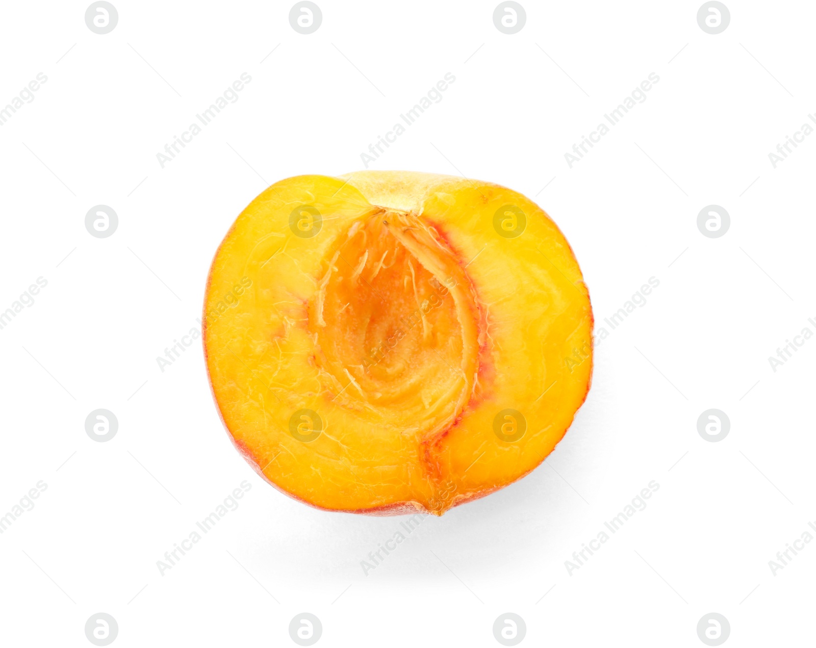 Photo of Half of fresh sweet peach on white background