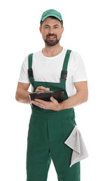 Photo of Portrait of professional auto mechanic with clipboard and rag on white background