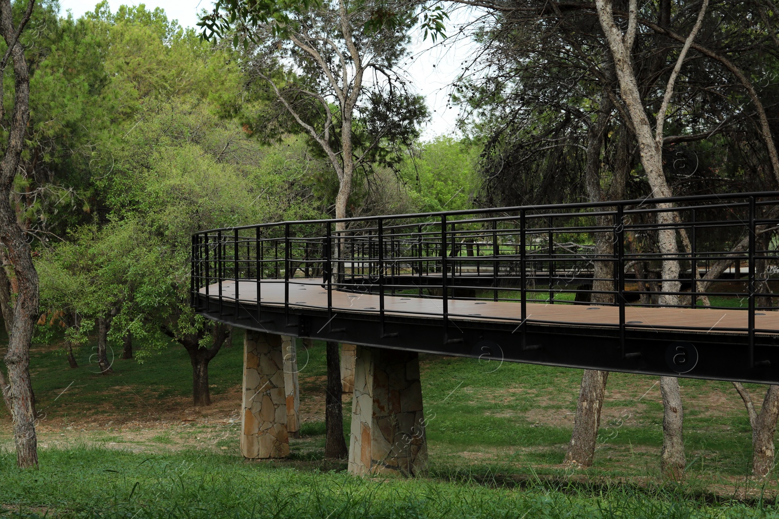 Photo of Picturesque view of bridge with metal railing and many trees in park