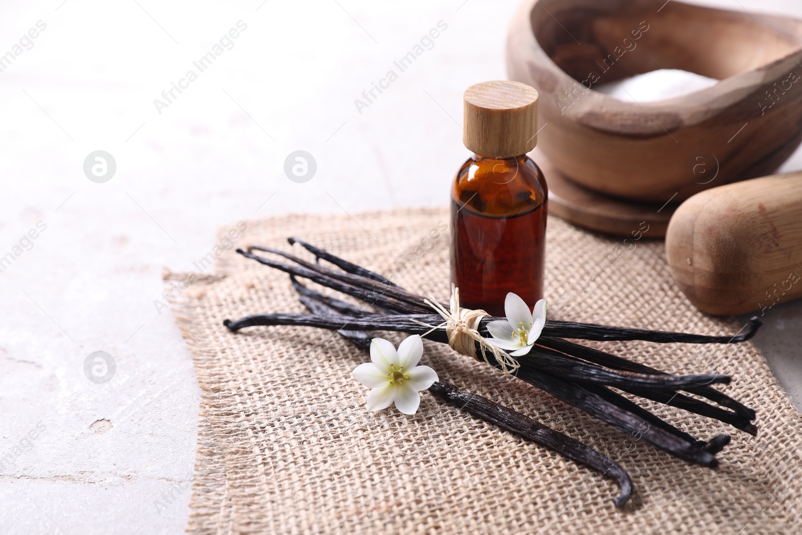 Photo of Vanilla pods, essential oil, flowers and sugar in bowl on light gray table, space for text