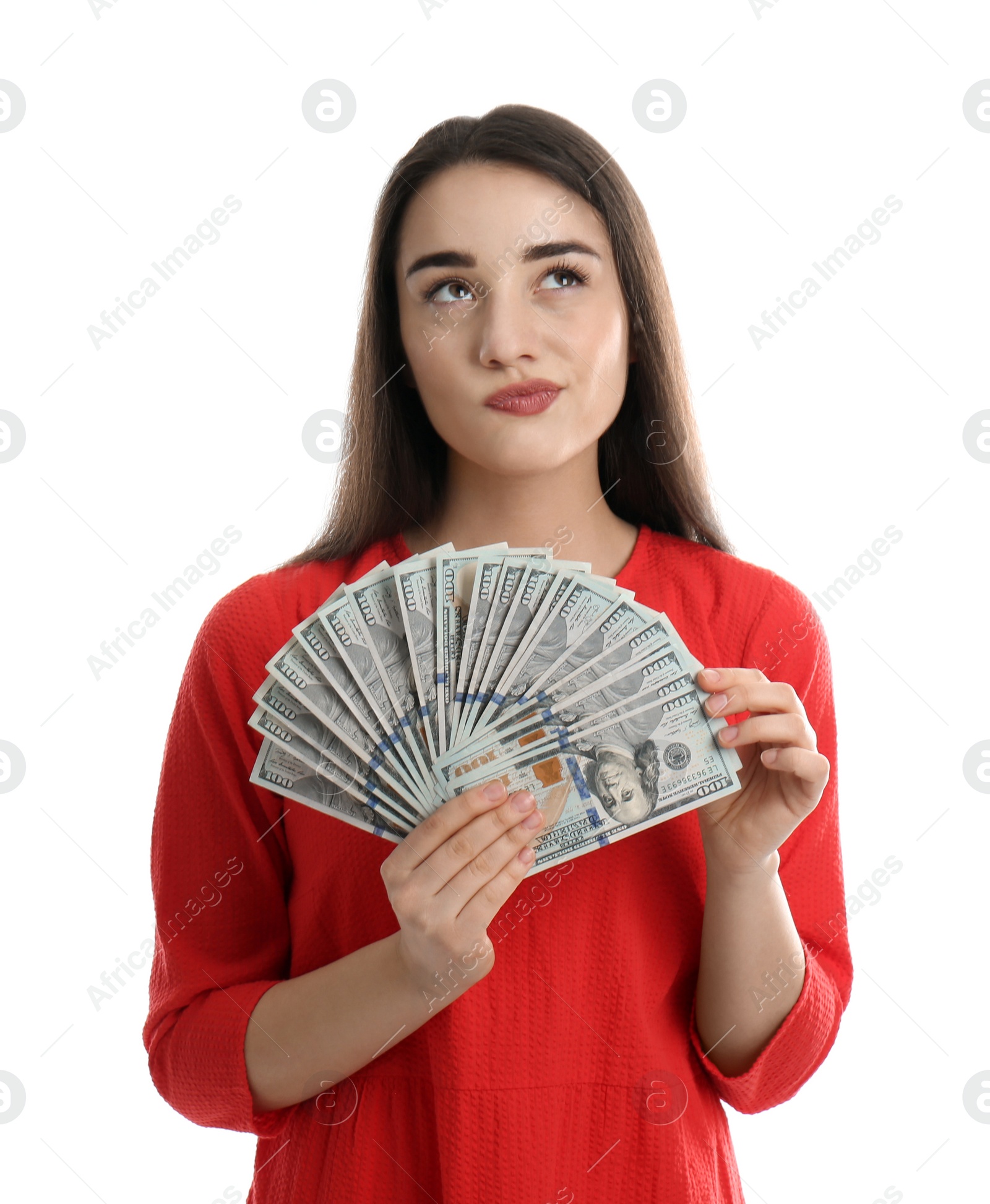 Photo of Emotional young woman with money on white background