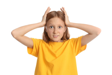 Photo of Portrait of emotional preteen girl on white background