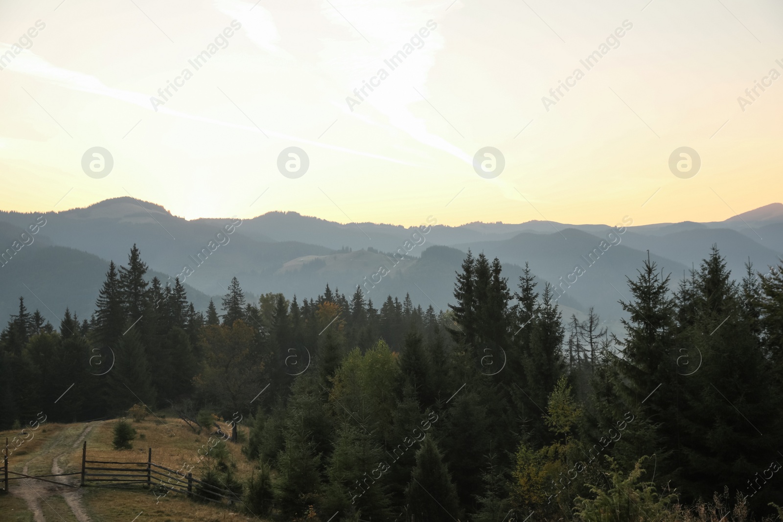 Photo of Picturesque view of mountain landscape with forest and wooden fence