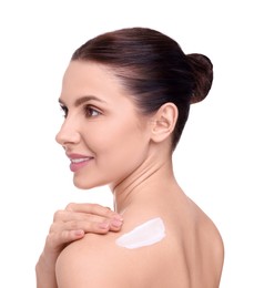 Photo of Beautiful woman with smear of body cream on her shoulder against white background