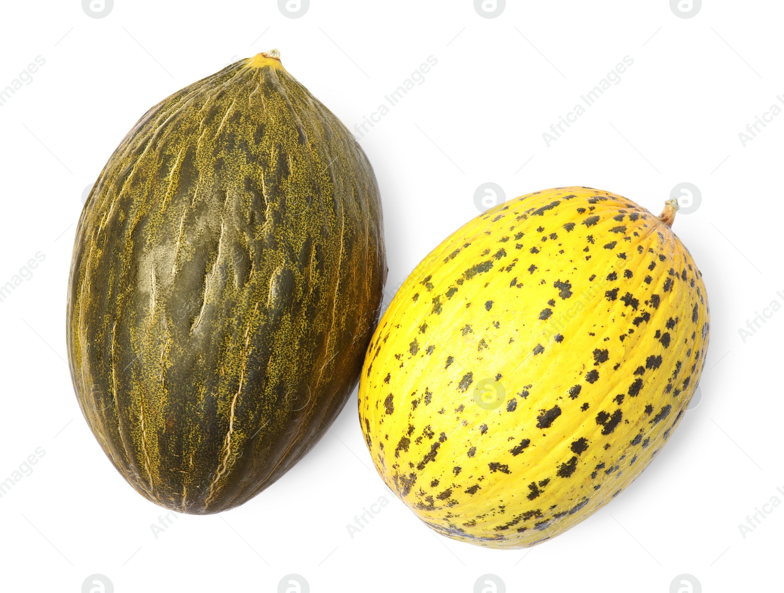 Photo of Tasty colorful ripe melons on white background, top view