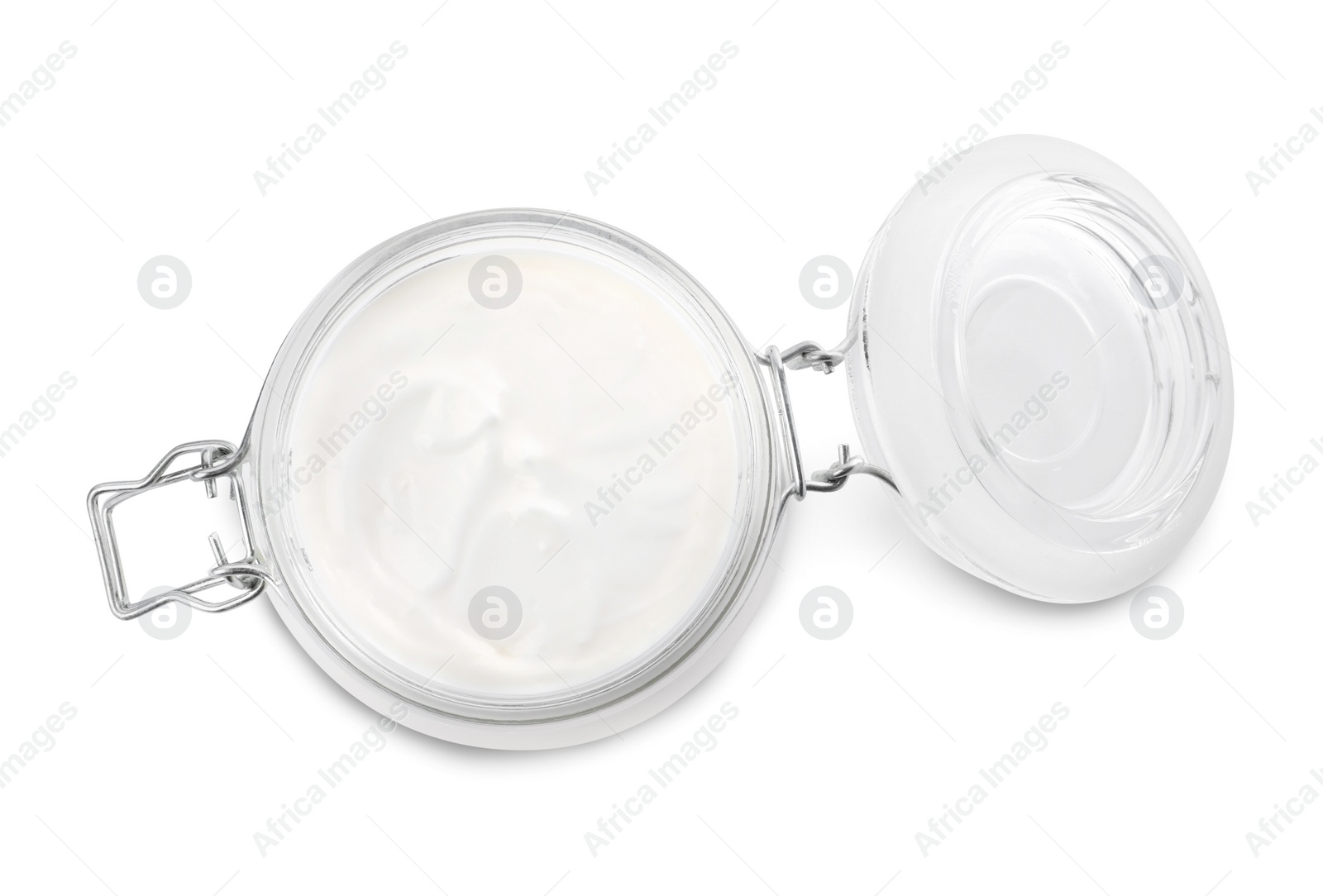 Photo of Jar of tasty organic yogurt isolated on white, top view