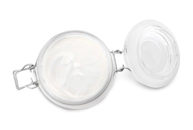 Jar of tasty organic yogurt isolated on white, top view