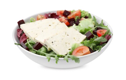 Photo of Bowl of tasty salad with tofu and vegetables isolated on white