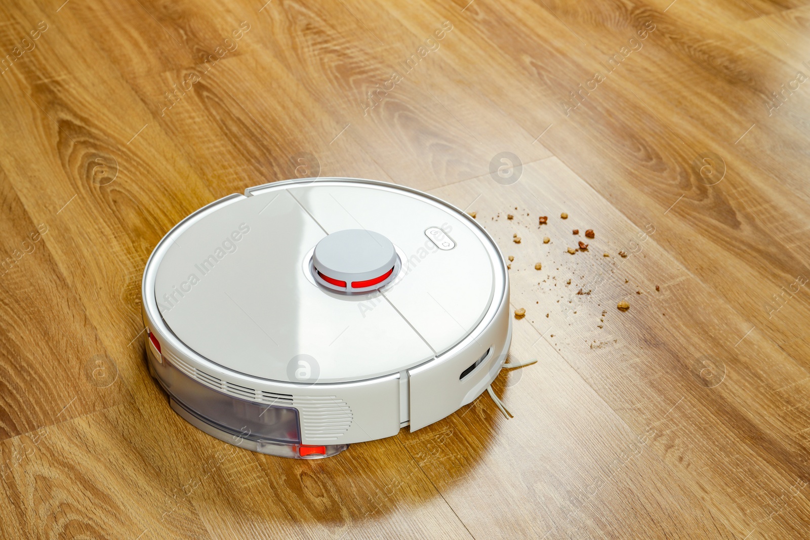 Photo of Robotic vacuum cleaner removing dirt from wooden floor indoors, space for text