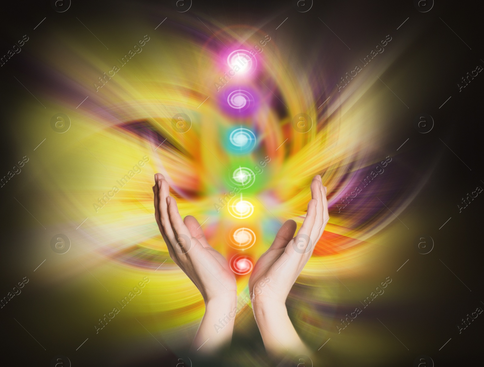 Image of Closeup view of woman and chakra points. Healing energy 