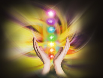 Image of Closeup view of woman and chakra points. Healing energy 