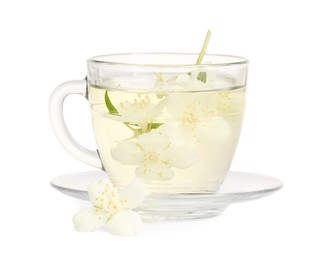 Photo of Aromatic herbal tea in glass cup and jasmine flowers isolated on white