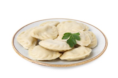Photo of Delicious dumplings (varenyky) with tasty filling and parsley isolated on white